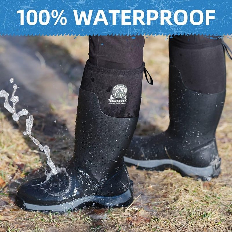 TerraTrax Men's Waterproof Insulated Rubber Hunting Boots – 6mm Neoprene Rain Boots for Outdoor Work, Fishing, Farming & Gardening Black Size 8