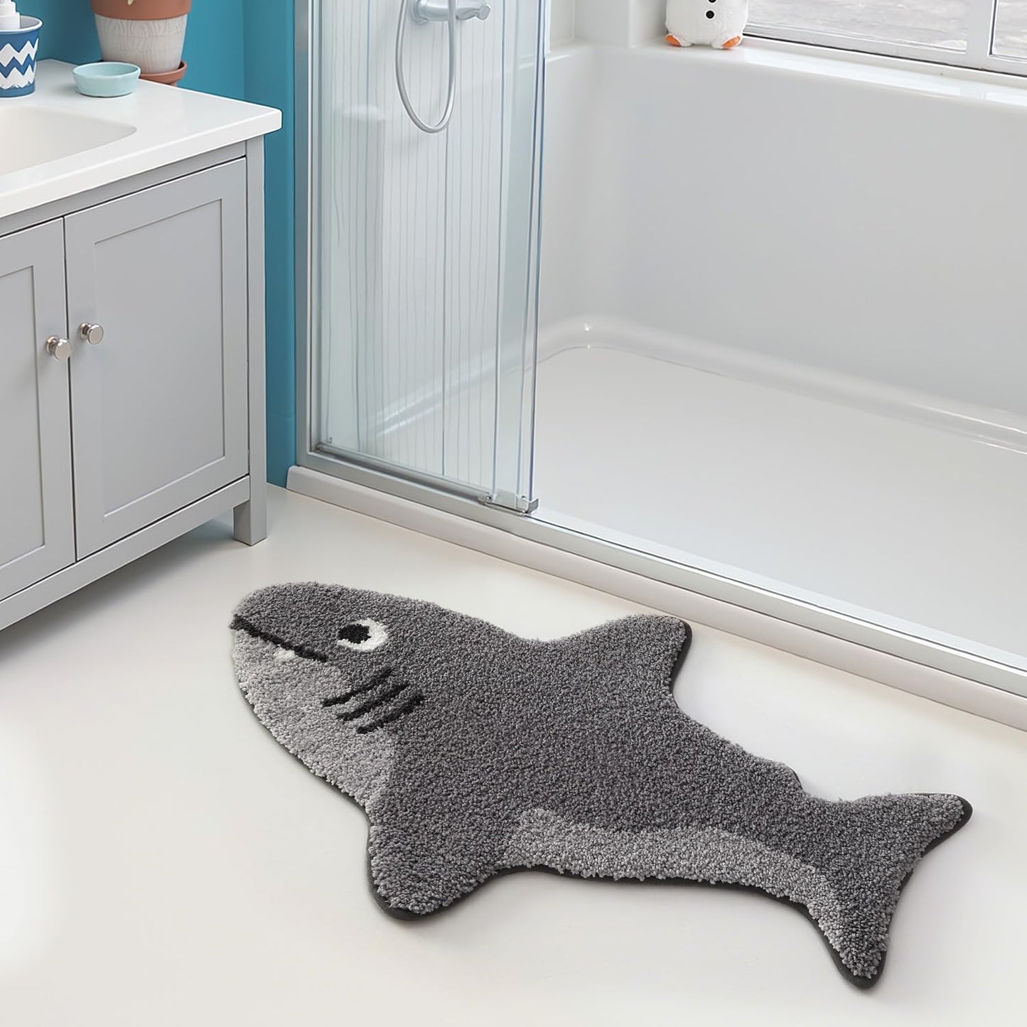 LUMI Cute Animal Bathroom Rugs, Non-Slip Backing Washable Bath Mats, Shark Shaped Absorbent Bath Rugs for Bathroom, Ideal Floor Mat for Shower Sink Bathtub Room Decor, 24"x40", Echo Shark