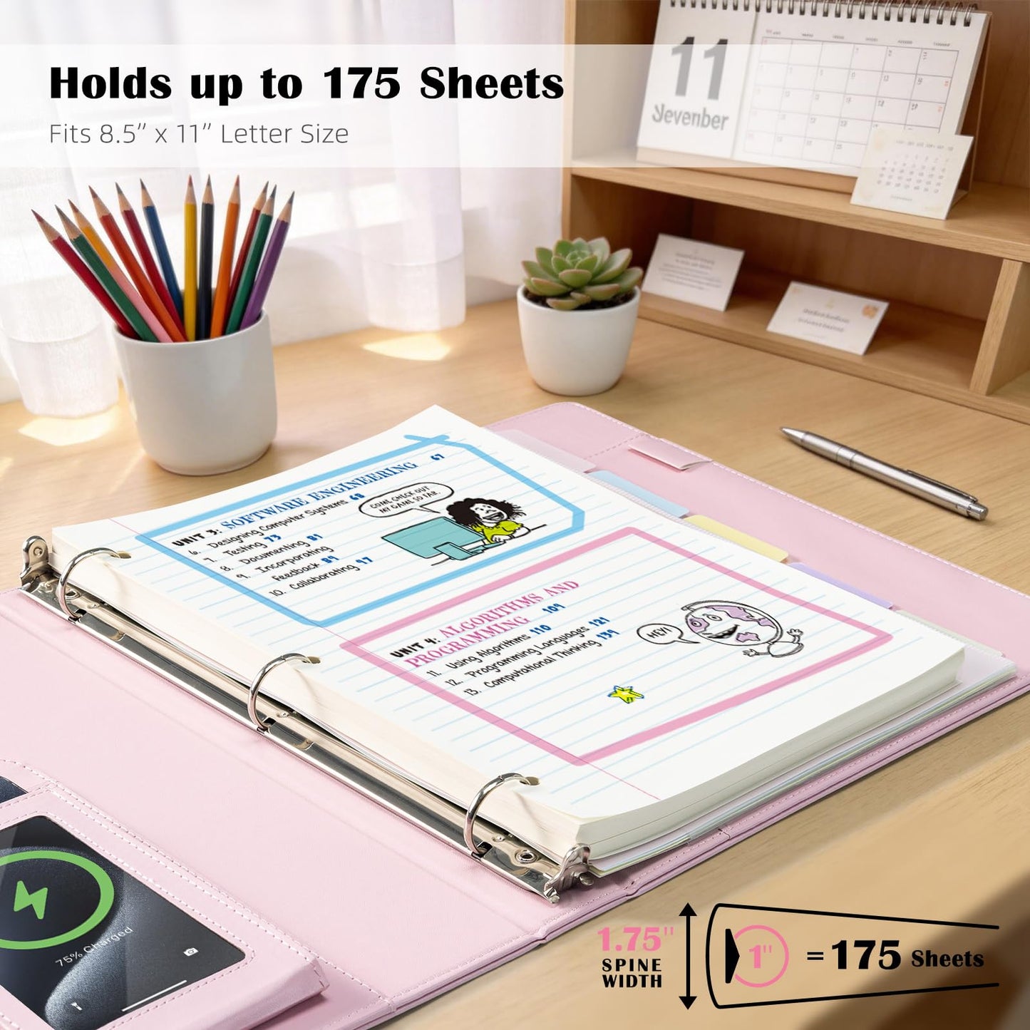 Ospelelf Pink Leather Binder with Magnetic Clipboard, 1 Inch Binders 3 Ring with Storage Zipper Pouch, Pocketed Dividers, Professional Clipboard Folder for School Office Nursing