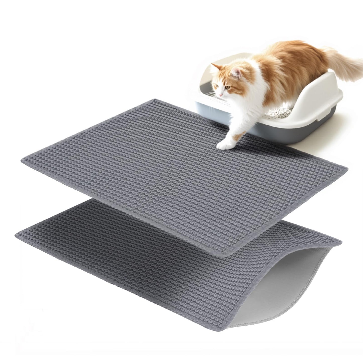 Cat Litter Mats (2-Pack) 26.6" x 16", Litter Box Mats with Double Layers, Urine-Proof and Non-Slip Litter Trapping Mats, Easy Clean Leakproof, Soft EVA Durable Anti-Scratch Kitty Litter Mat, Grey
