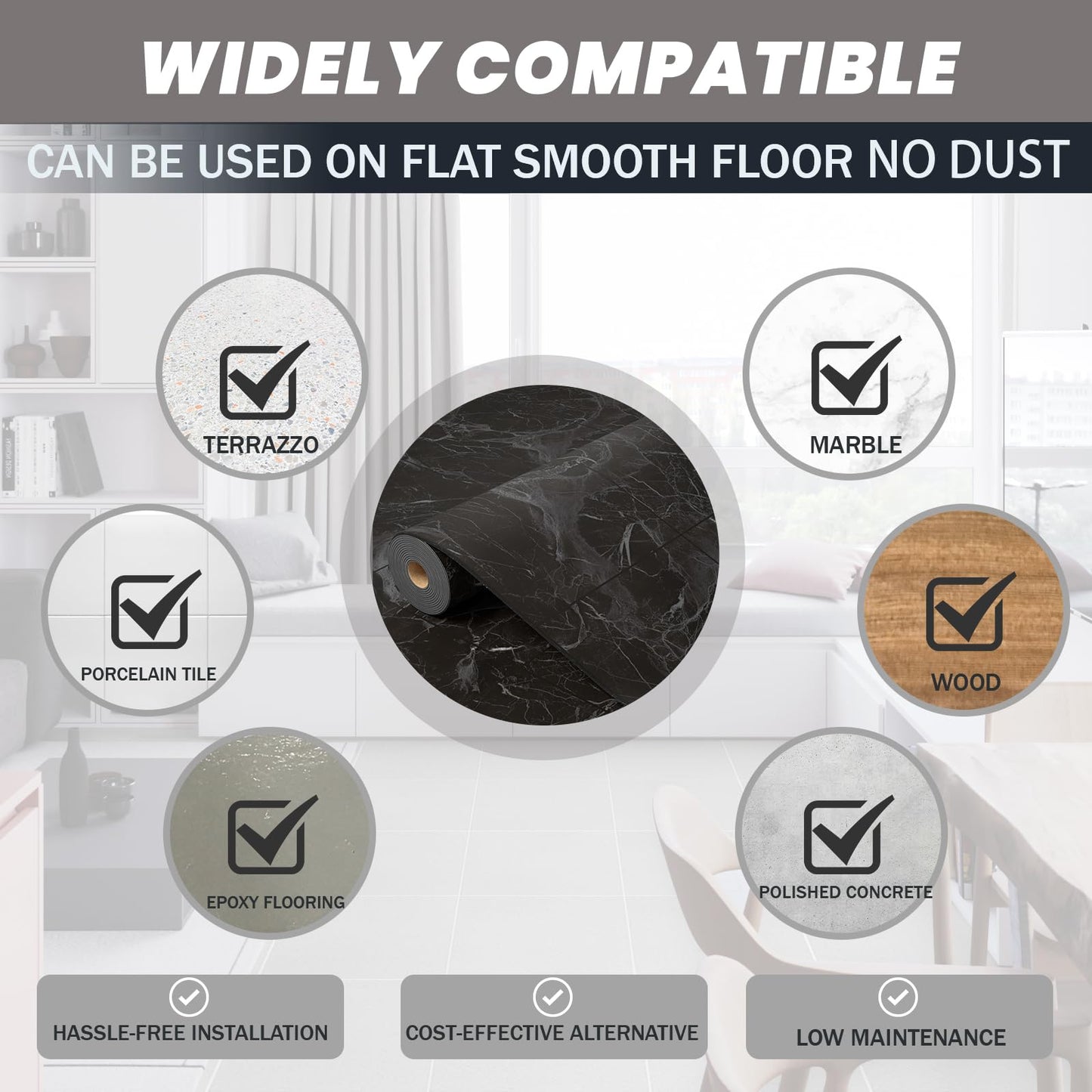 Oxdigi Vinyl Floor Tiles Peel and Stick 23"x 118"/19 Sq.Ft, Thicken Self Adhesive Vinyl Flooring Roll Marble Pattern Waterproof DIY Floor Coverings for Bathroom Living Room Kitchen, Black Marble