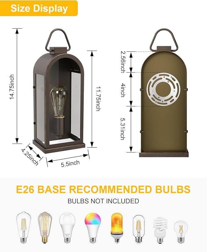 Vintage Outdoor Wall Light Fixtures (2 Pack) - Dark Brown Porch Lantern/Exterior Wall Sconce, Glass Shade, Sturdy Metal Frame, Waterproof & Anti-Rust, for Entryway/Garage/Patio/Doorway, E26 Socket