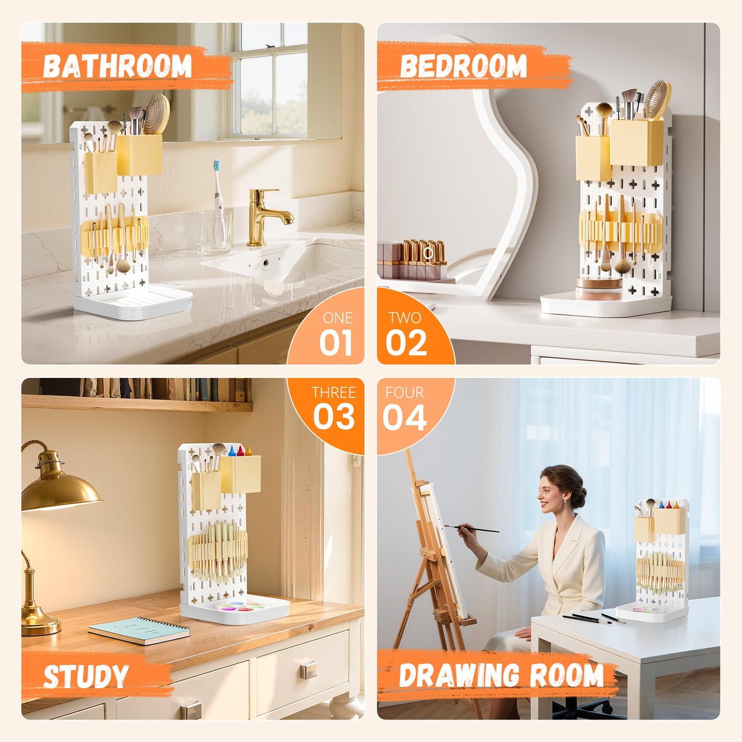 Paint Brush Holder with Drip Tray & Silicone Paint Brush Drying Rack,2 Removable Pegboard Bins for Artist Brush Holder,Paint Brush Stand White Pegboard for Desktop & Wall-Mount for Acrylic Paint Brush