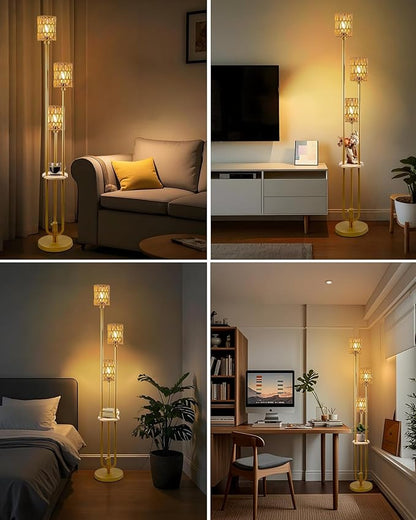 Lightdot Boho Floor Lamp with Shelves, 3-Lights Farmhouse Gold Dimmable Floor Lamp Candle Holder Style, Rustic Tall Standing Lamp with Rattan Shades for Living Room Bedroom Home Office