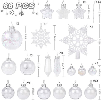 SHareconn 86PCS Christmas Balls Ornaments Set,Shatterproof Plastic Clear Decorative Baubles for Xmas Tree Decor Holiday Wedding Party Decoration, White