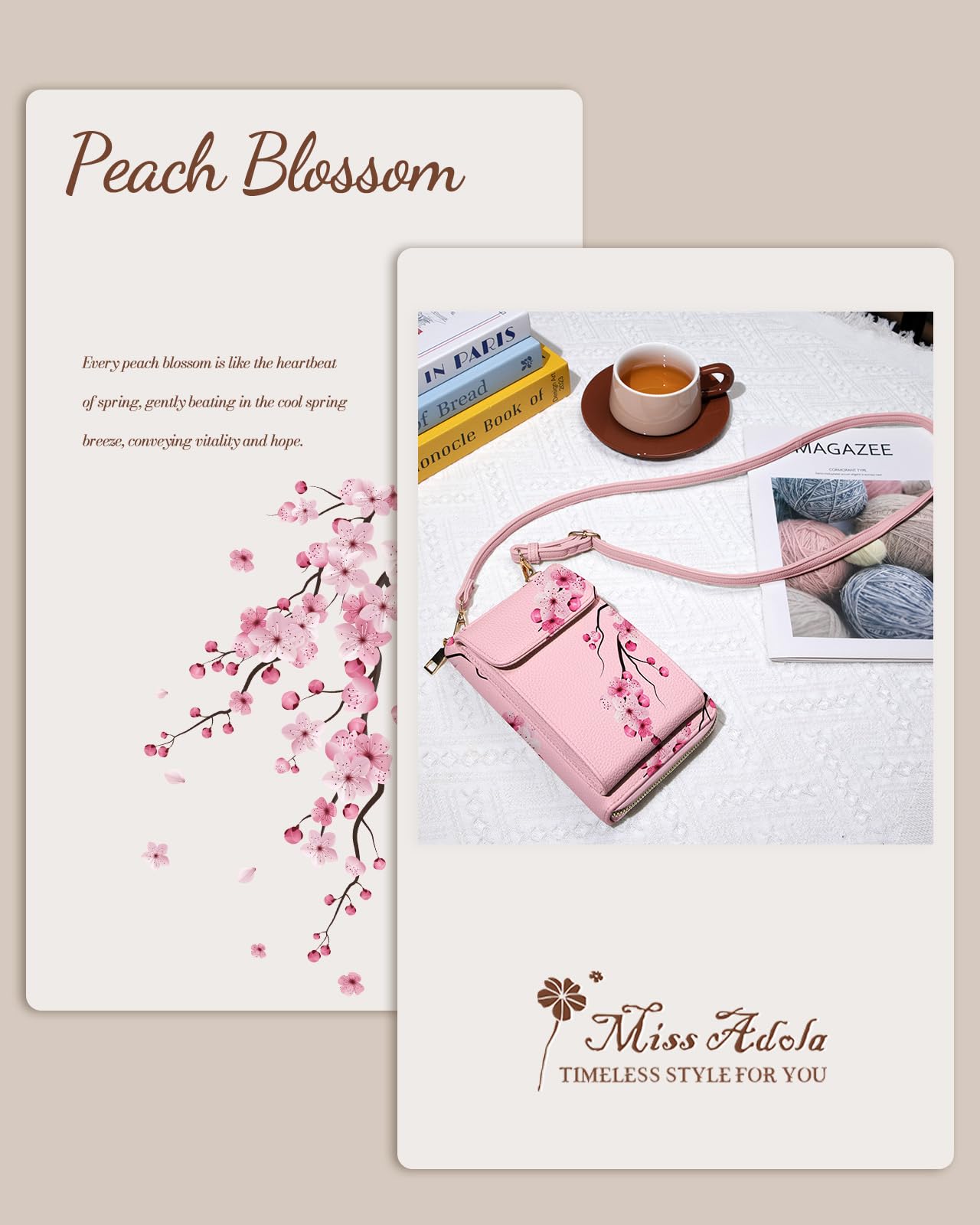 Miss Adola Cute Small Crossbody Purse Cell Phone Bags for Women - Leather Cellphone Wallet Purse with Adjustable Shoulder Rope and Wallet Card Slots, Peach Blossom