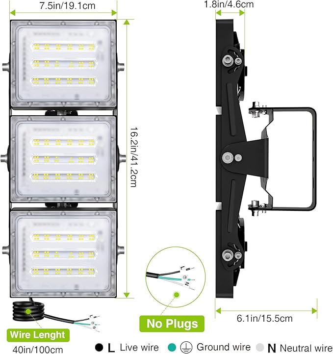 2 Pack LED Flood Lights Outdoor, STASUN 150W 15000lm 6000K Daylight White IP66 Waterproof, Commercial Parking Lot Lights, 3 Heads for Yard Street Stadium Outdoor Area Floodlight Bright Security Lights