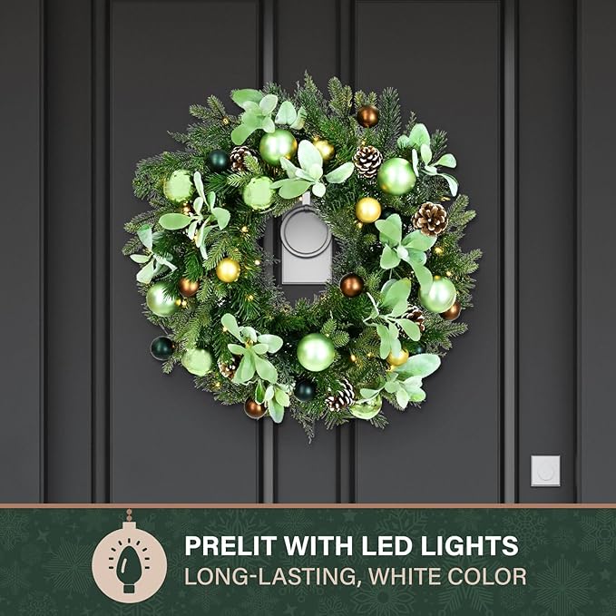 Fraser Hill Farm 24-in. Prelit Holiday Wreath with Pinecones and Metal Ornaments, White Micro-LED Light-Up Design for Indoor or Covered Outdoor Use on Porch, Patio, Kitchen