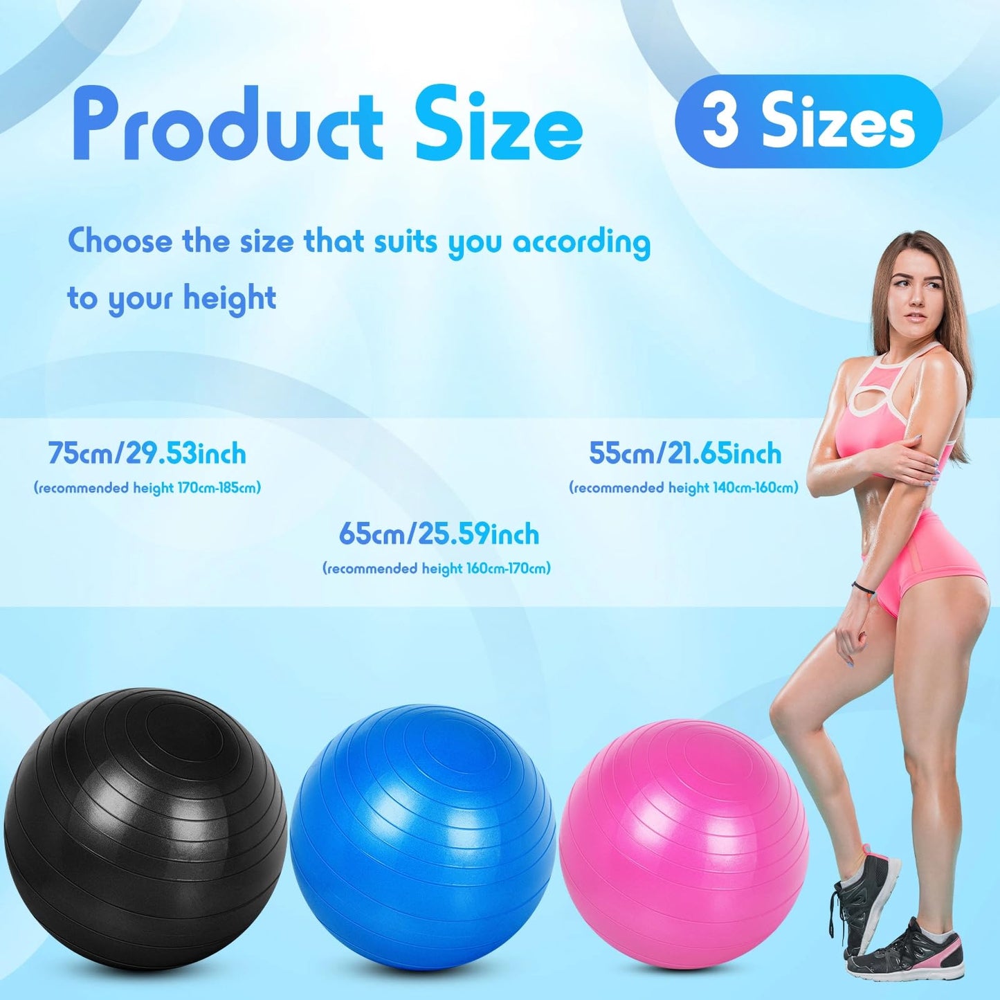 Honoson 3 Pcs Yoga Ball 55/65/75cm Exercise Ball for Working Out Birthing Pregnancy Gym Physical Therapy Balance Stability Fitness, Quick Pump Included