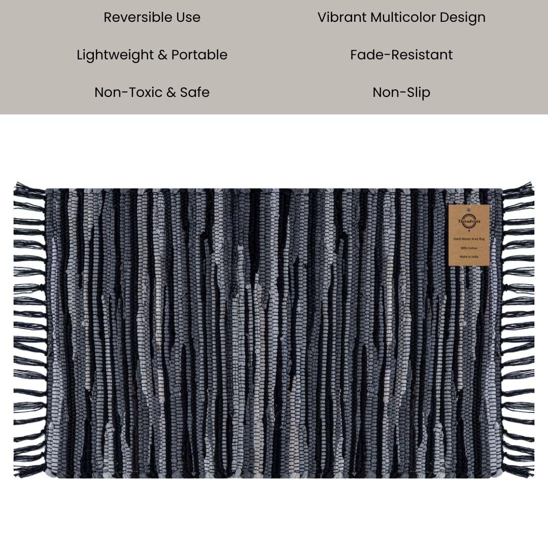 Threadvista Hand Woven Chindi Rug Cotton - Rustic Boho Accent Throw Rug for Living Room Bedroom Kitchen Entryway Floor Mats - Ideal for High Traffic Areas 20x32 inch Reversible Area Rug Black Multi