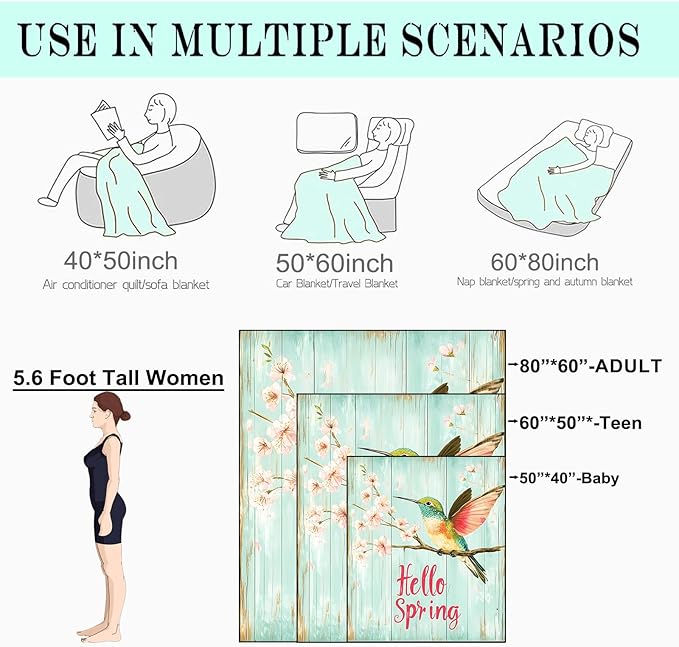 Bird Hello Spring Fleece Blanket - 60x80in Colorful Hummingbird and Cherry Blossom Throw Blankets,Soft Cozy Lightweight, Ideal for Bed Living Room Home Rustic Decor and Girls Women Gifts