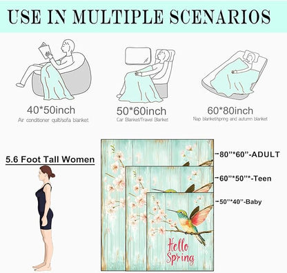 Bird Hello Spring Fleece Blanket - 60x80in Colorful Hummingbird and Cherry Blossom Throw Blankets,Soft Cozy Lightweight, Ideal for Bed Living Room Home Rustic Decor and Girls Women Gifts