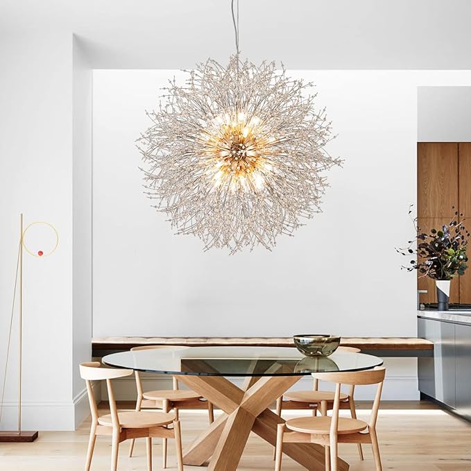 Large Dandelion Crystal Chandeliers, 24-Light Crystal Firework Pendant Lighting, 120W Gold Sputnik Hanging Chandelier Light Fixtures for Living Room Hallway