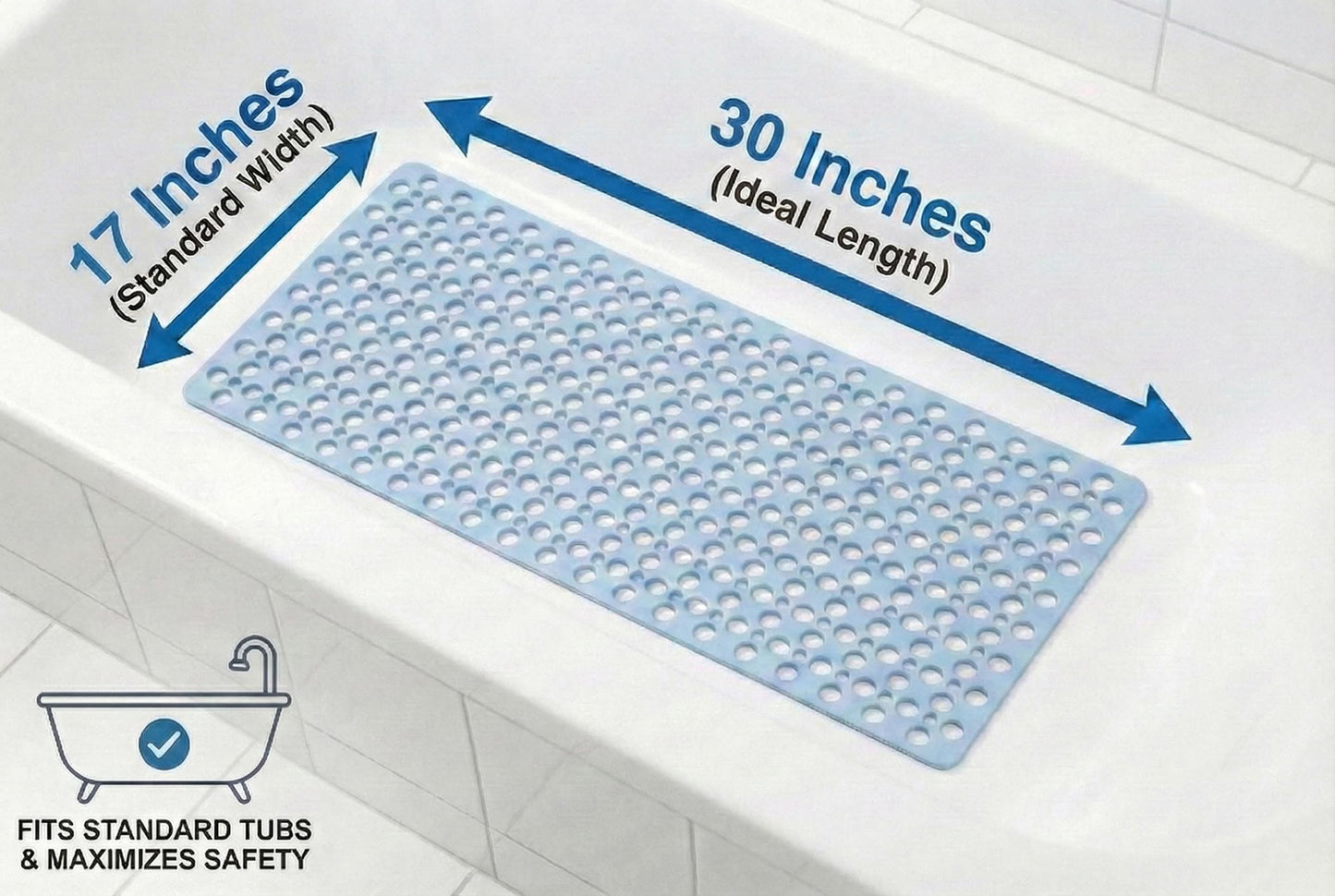 Nonslip Bathtub Mat Extra Soft TPE Bath Mat for Kids, Machine Washable Bathroom Shower Mat, Smooth/Non-Textured Tubs Only, 30L x 17W Inch (Blue)