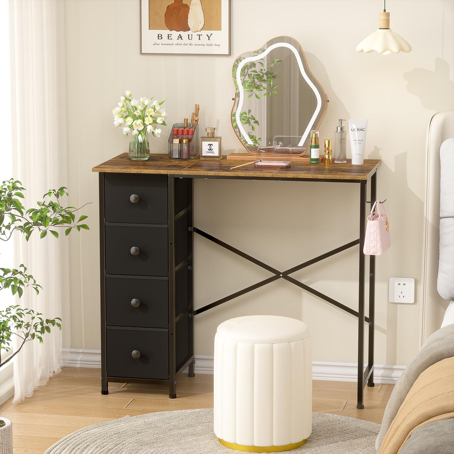 Small Computer Desk with 4 Fabric Drawers, 36 Inch Reversible Writing Desk for Home Office Bedroom, Modern Simple Kids Student Study Desk with Storage, Compact Desk for Small Spaces, Rustic Brown