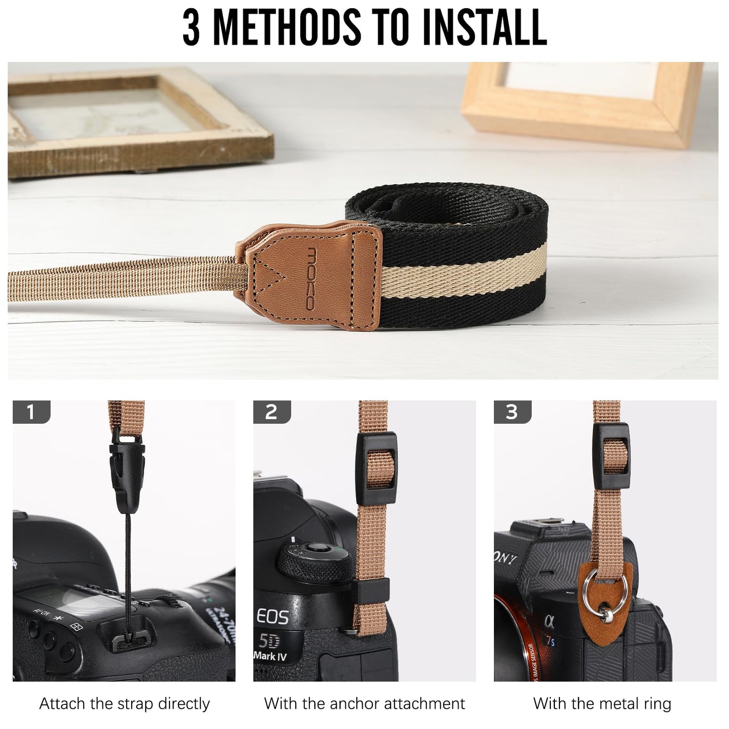 MoKo Camera Strap, Cotton Woven Camera Strap, Adjustable Universal Neck & Shoulder Strap for Video Camcorder, Binoculars, and Nikon/Canon/Sony/Minolta/Panasonic/SLR/DSLR Digital Cameras, Black & Beige