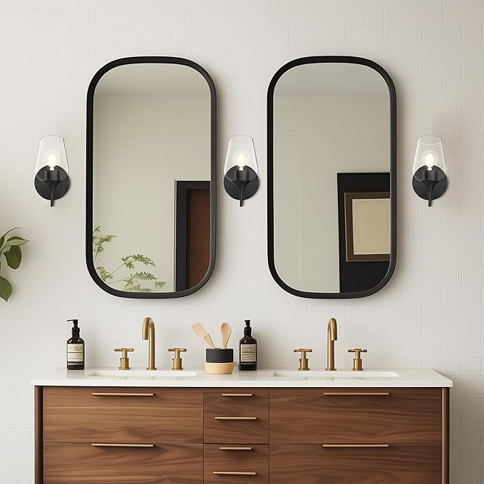 Hamilyeah Black Wall Sconces Set of Two, Farmhouse Sconces Wall Lighting Hardwired, Bathroom Vanity Lighting with Clear Champagne Glass Shade, Indoor Wall Lamp for Kitchen Stairway Living Room