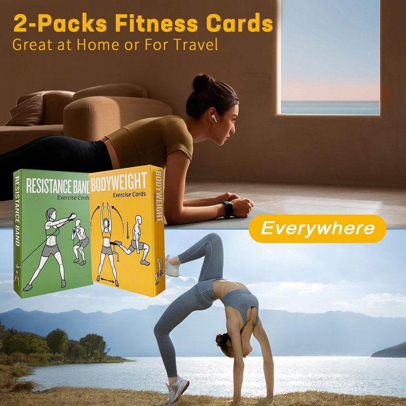 ELAORY Bodyweight & Resistance Belt Workout Cards, 100 Different Exercise Cards with Detailed Illustrations, Large Size 5" x 3.5" Fitness Cards for Women & Men