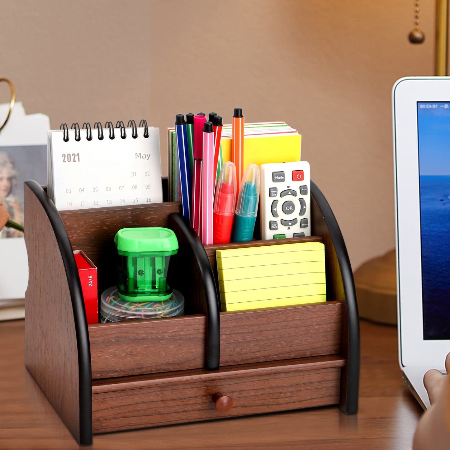 Foraineam Wooden Desk Organizer with Drawer, Remote Control Holder Caddy, Makeup Organizers, Wood Pencil Holder Desktop Supplies and Stationery Rack for Home Office School Tabletop Accessories Storage