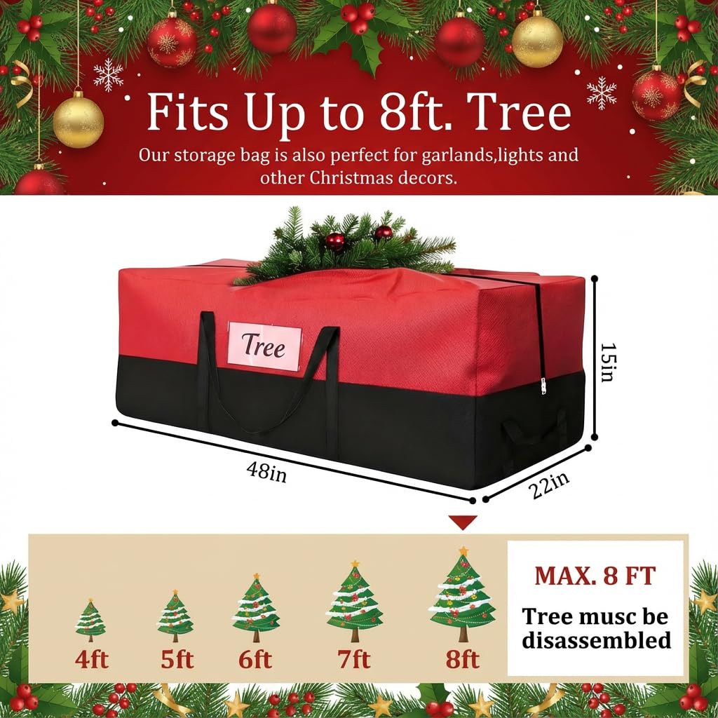 Christmas Tree Storage Bag - Fits Up to 8 Ft Tall Artificial Trees, Heavy Duty Holiday Storage Box With Reinforced Handles, Zipper & Transparent Pocket - 600D Oxford Container, Red