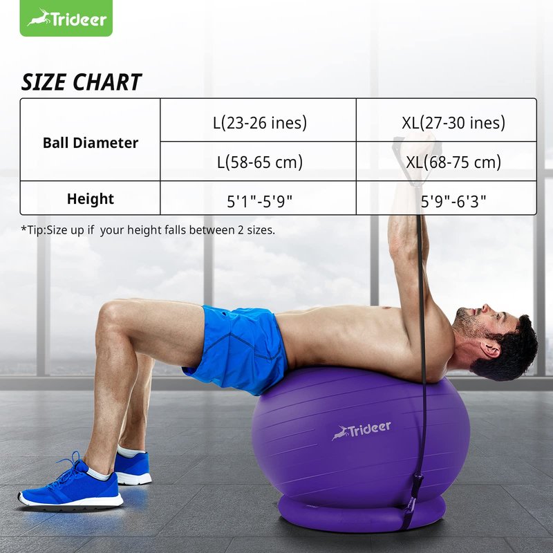 Trideer Yoga Ball Chair With Base & Bands for Home Gym Workout - Exercise Ball for Abs, Stability & Balance Seat to Relieve Back Pain (L(23-26ines/58-65cm), Purple)