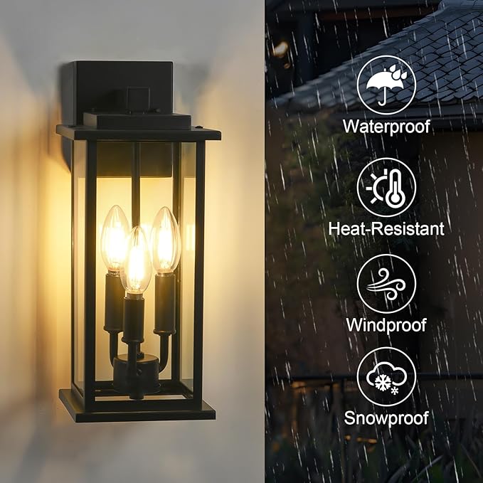 1-Pack 15" Outdoor Wall Lantern Candelabra 3-Light, Waterproof Exterior Wall Light Fixture with Clear Glass Front Porch Light Outdoor Wall Sconce, E12 Base Exterior Sconces for Garage