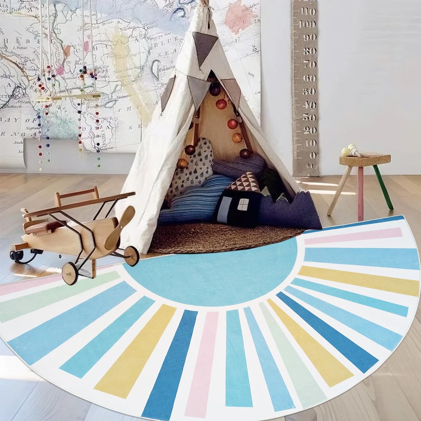 Lacomfy Half Circle Boho Sun Rug 3x6Ft Half Round Kids Play Mat for Bedroom Playroom, Semicircle Carpet for Boys Girls Nursery Mat Classroom Living Room Decor, Half Moon Doormat, Blue