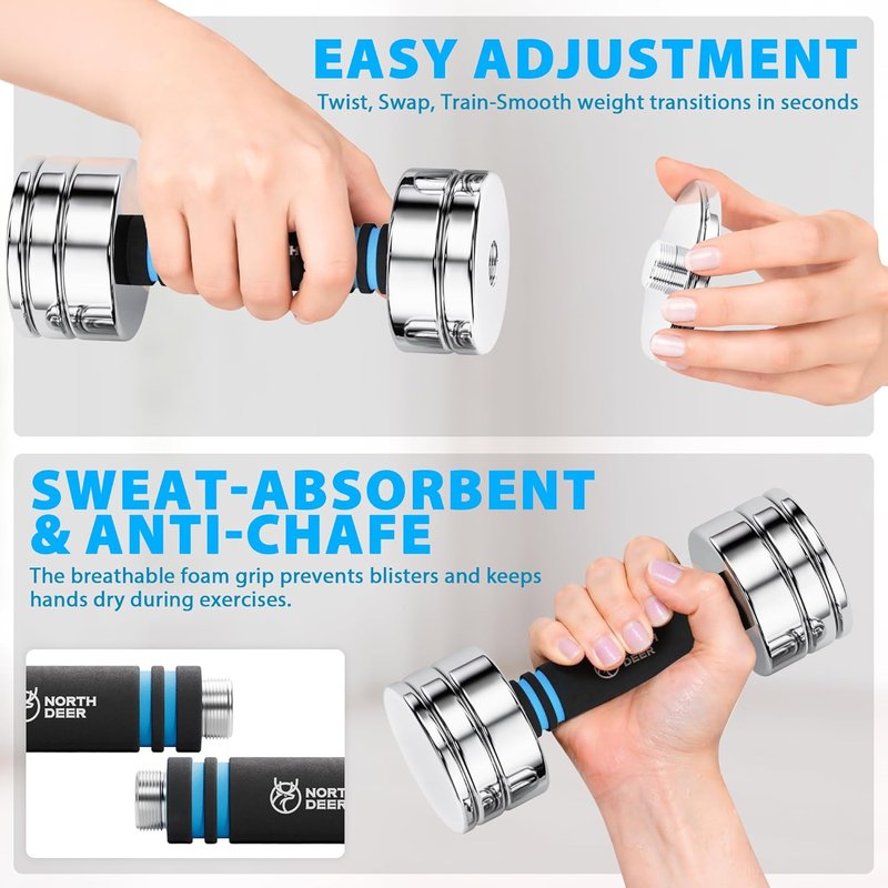 Steel Dumbbells - Ultracompact Adjustable Chrome Weights with Foam Handles | 5lb to 50lb for Home Gym Workout