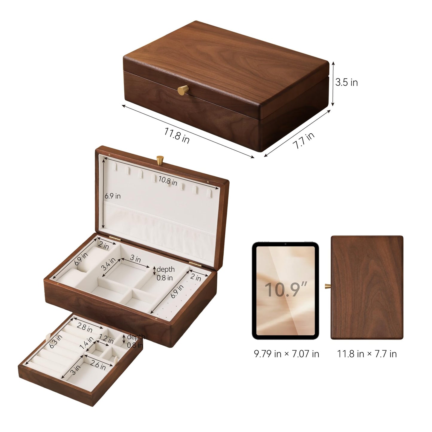 Black Walnut Wooden Jewelry Box, 2 Layer Large Natural Solid Wood Jewelry Organizer Storage with Removable Tray for Necklace Ring Earrings Watch Bracelet, Velvet Lined Box Gifts for Mom, Women, Girls