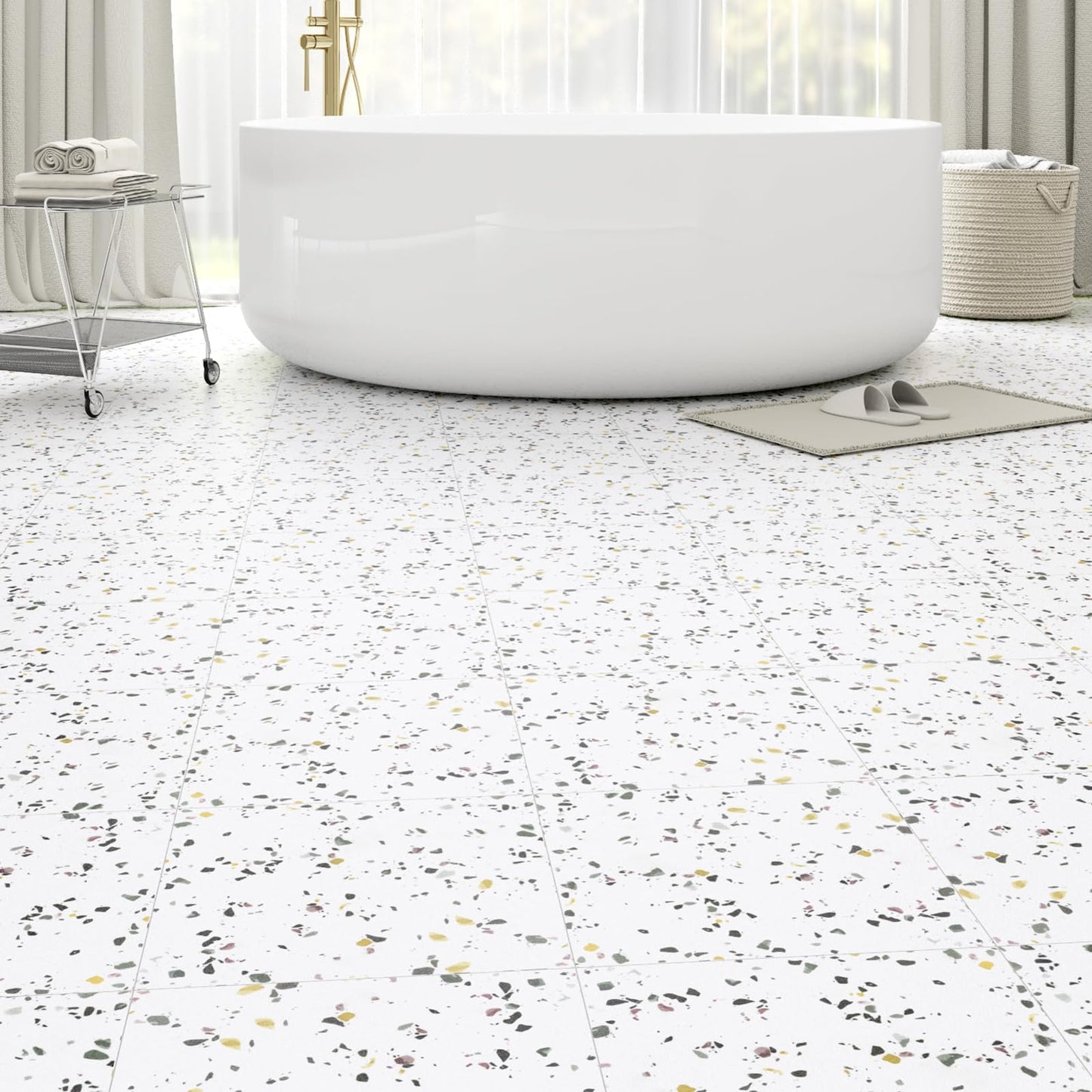 40-Pack 40 Sq.Ft Peel and Stick Floor Tiles Vinyl Matte Pattern Flooring, 12” x 12” Self Adhesive Vinyl Flooring DIY for Kitchen, Bathroom, Laundry, White Terrazzo Marble