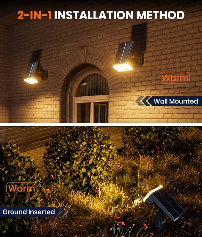 Solar Spot Lights Outdoor,Adjustable Warm&Cool,IP67 Waterproof,3 Color+3 Modes,2-in-1 Wall Lights Solar Powered Spotlights for Pathway/Garden/Yard/Patio/Driveway/Tree/Landscape Lighting Outside Decor