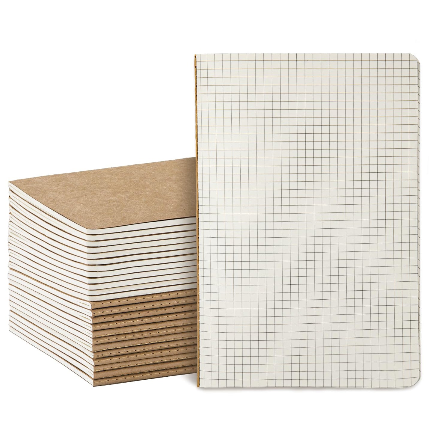 Foliom 24 Pack Kraft Notebooks Bulk A5, 60 Pages Grid Graph Paper Journals, 8.3x5.5 Inches, Natural Kraft Cover Composition Notebooks for School Office Students Artists