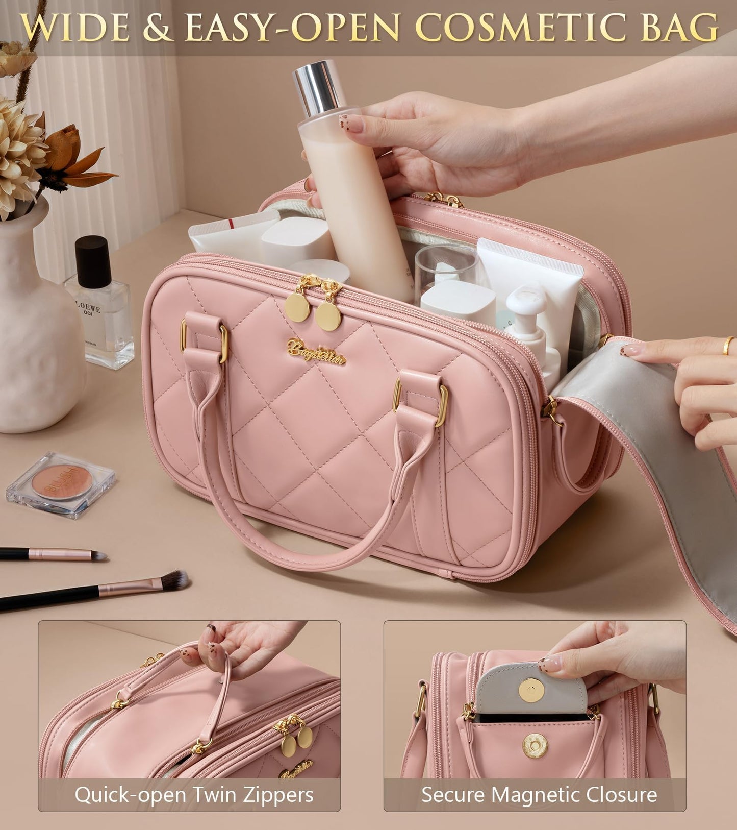Bagstellar Travel Makeup Bag, Large Capacity Quilted Toiletry Bag for Women Stand-up Cosmetic Bag Open Flat Make Up Case Organizer Portable Pouch Purse w/Handle for Traveling Accessories, Pink