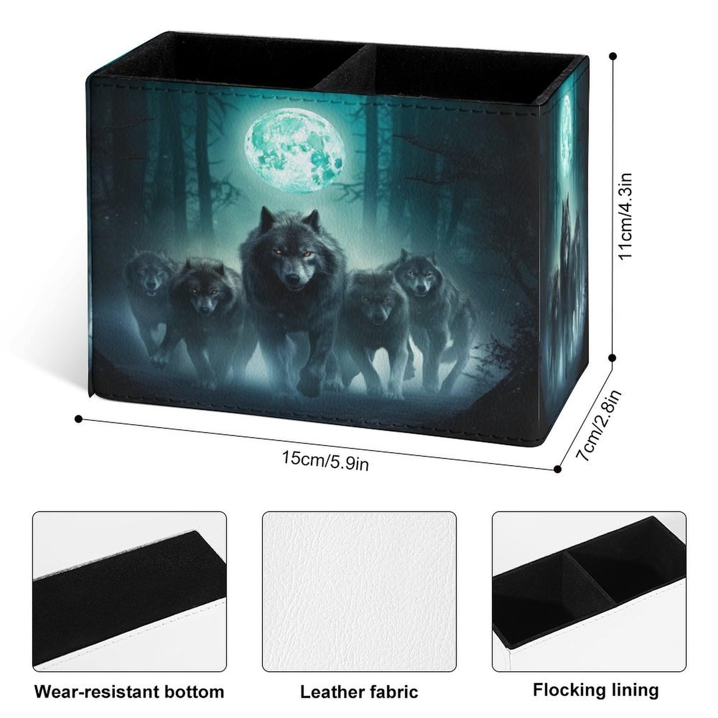 Famame Wolf Night Moon Pencil Holder for Desk, Leather Desktop Container Pen Cup Storage Study Table Pen Organizer Makeup Brush Holder for Classroom Office Home