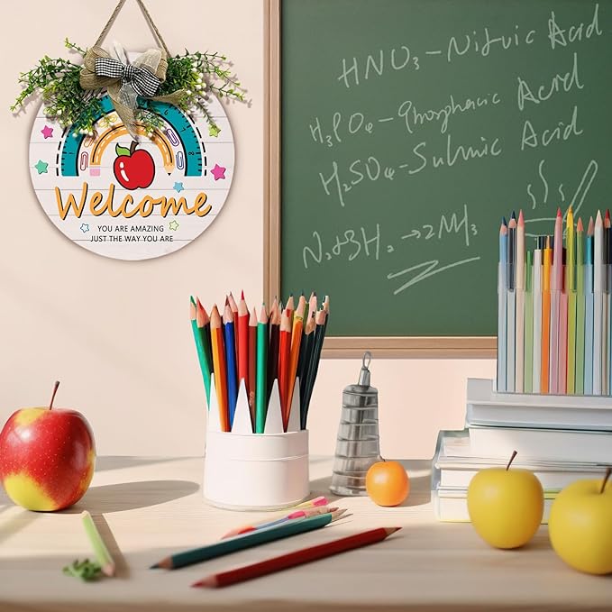 Welcome Classroom Teacher Door Sign Wooden Welcome Sign for Classroom Door Creative Rainbow Hanging Plaque Apple Pencil Star Classroom Wreath Inspirational Wall Art Kids Decor Gift 12 inch