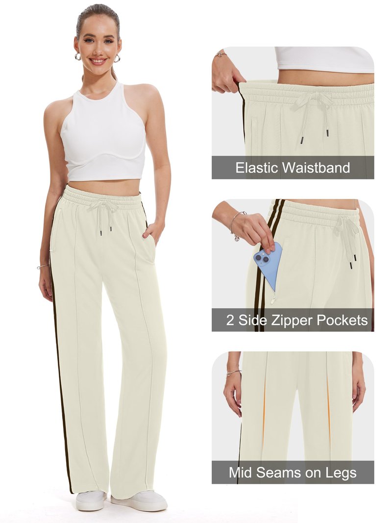 Tapata Petite Women's 28" Inseam Casual Pants Track Athletic Sweatpants Warm Up Loose Side Stripe Street Slacks, Beige, L