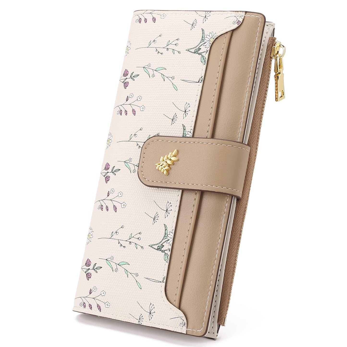GAEKEAO Womens Wallet Slim Thin RFID Blocking Floral Vegan Leather Card Holder Bifold Long Ladies Wallet with Zipper Pocket