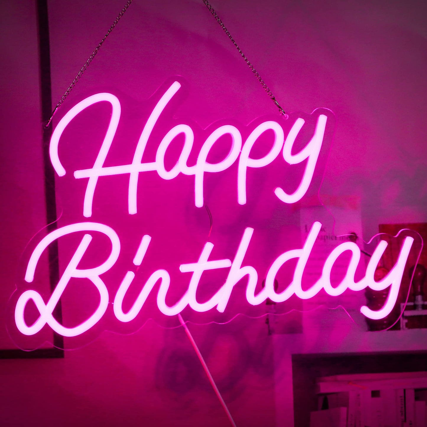 Happy Birthday Neon Sign Home Decor Lights Bedroom Wall Decor Night Light Happy Birthday Light Up Sign Birthday Party Decoration Dimmable Switch Reusable LED Neon USB Power Supply 5V (Pink)