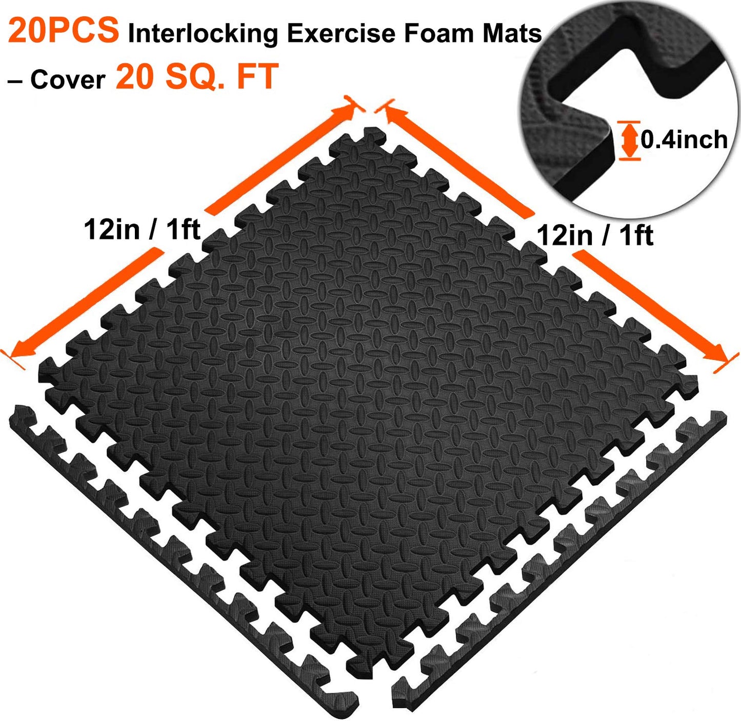 Walsai Exercise Mats Puzzle Foam Mats Gym Flooring Mat Cover 20 SQ.FT Interlocking Foam Mats with EVA Foam Floor Tiles for Home Gym Equipment Workouts Black