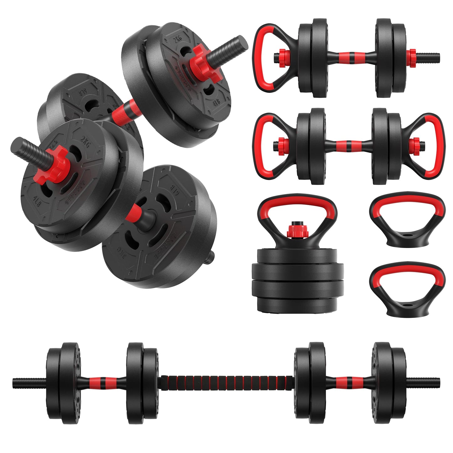 Fitvids Multi-Functional Portable Changeable Dumbbell and Barbell Kettlebell Set with Adjustable Weights, 40LBS or 60LBS Sets, 2-in-1 or 4-in1, Multiple Styles