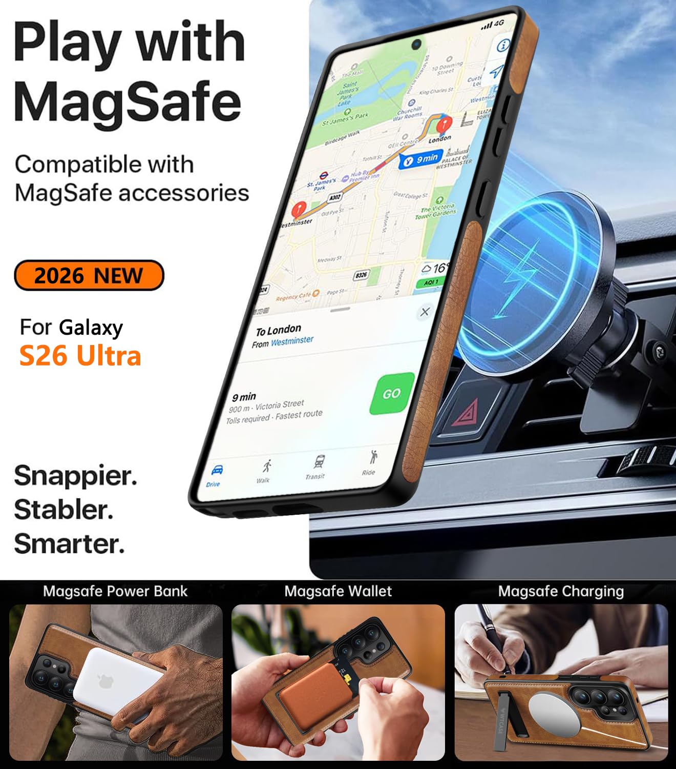 WTCASE Strong Magnetic for Samsung Galaxy S26 Ultra Leather Case with Stand,[Compatible with MagSafe], Slim Adjustable Kickstand Phone Cover (Brown, S26 Ultra)