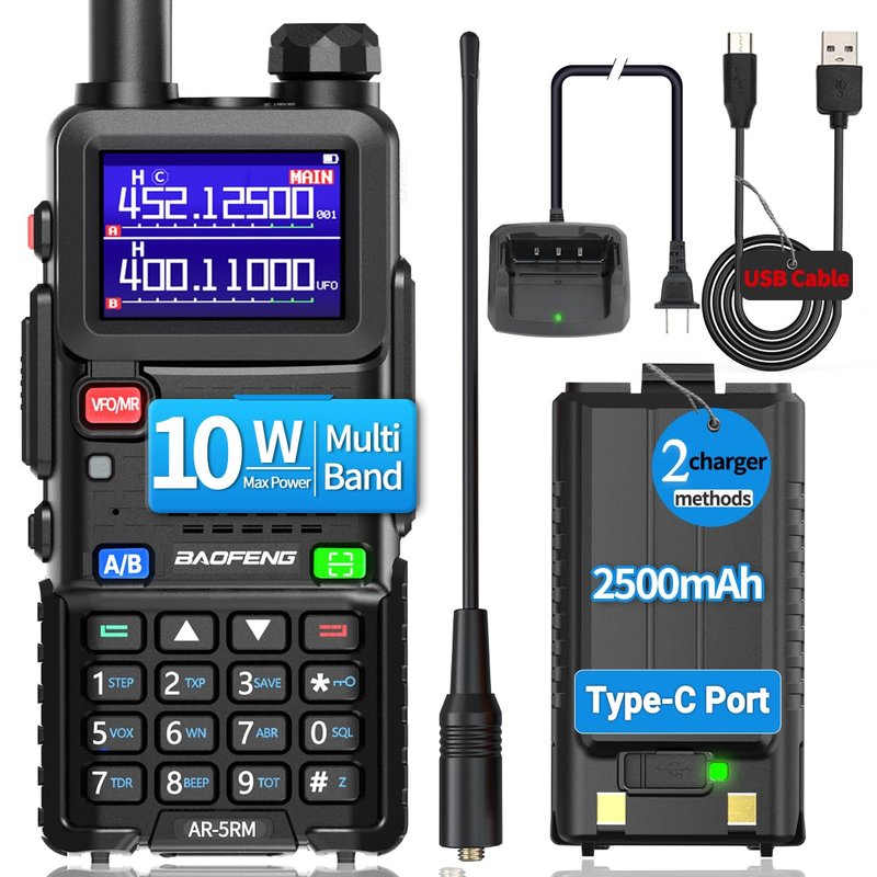 Ham Radio Baofeng Radio 5RM 10W Long Range Handheld AR-5RM Two Way Radio UV-5R NOAA Weather Receiver Rechargeable Walkie Talkies Longe Range DTMF Copy Frequency 999CH with Type C Charging(1 Pack)