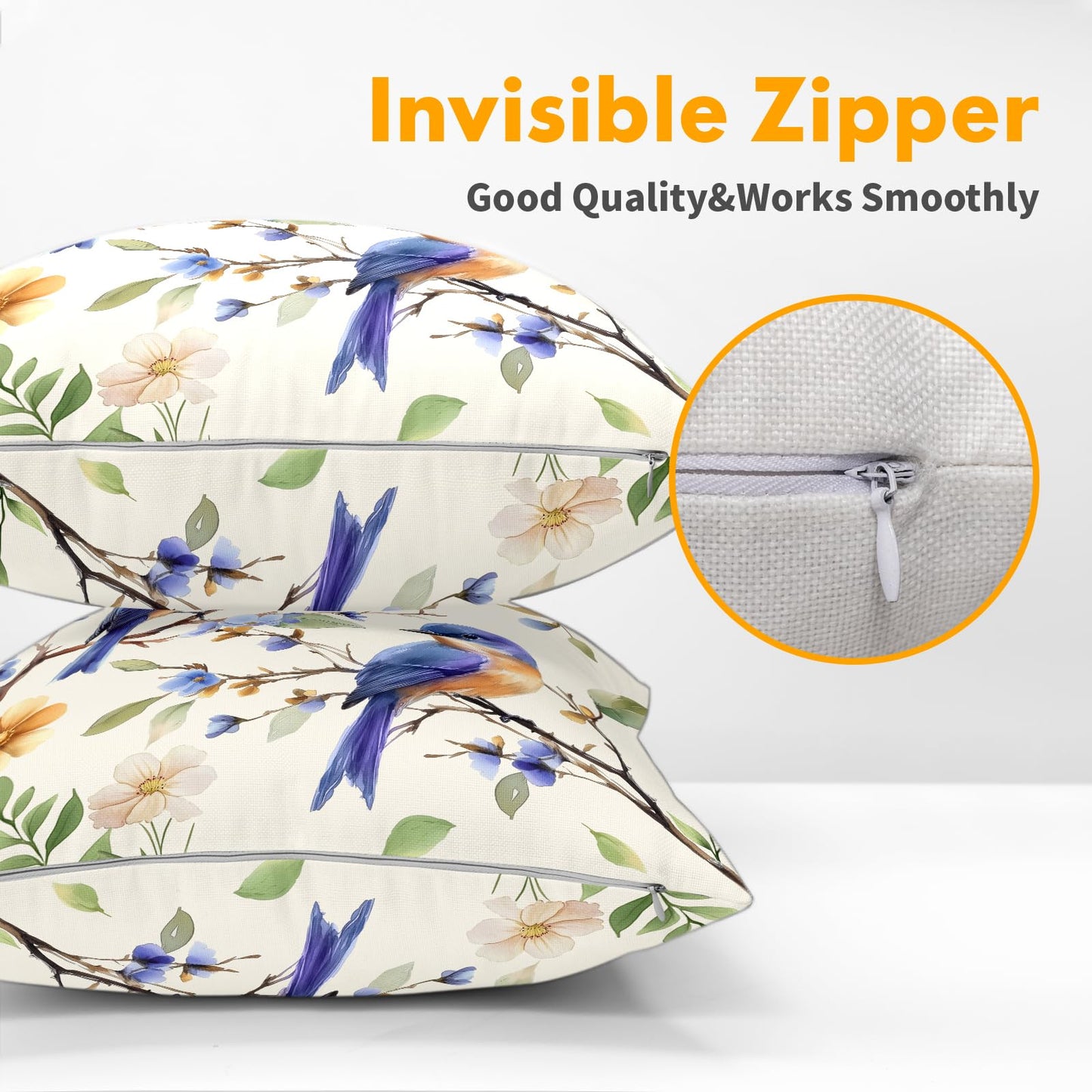 Spring Summer Pillow Covers 24x24 Inch Set of 2 Blue Floral Bird Decorative Outdoor Throw Pillows Yellow Green Flower Pillowcases Cotton Linen Cushion Cover for Sofa Bed Couch Home Decor