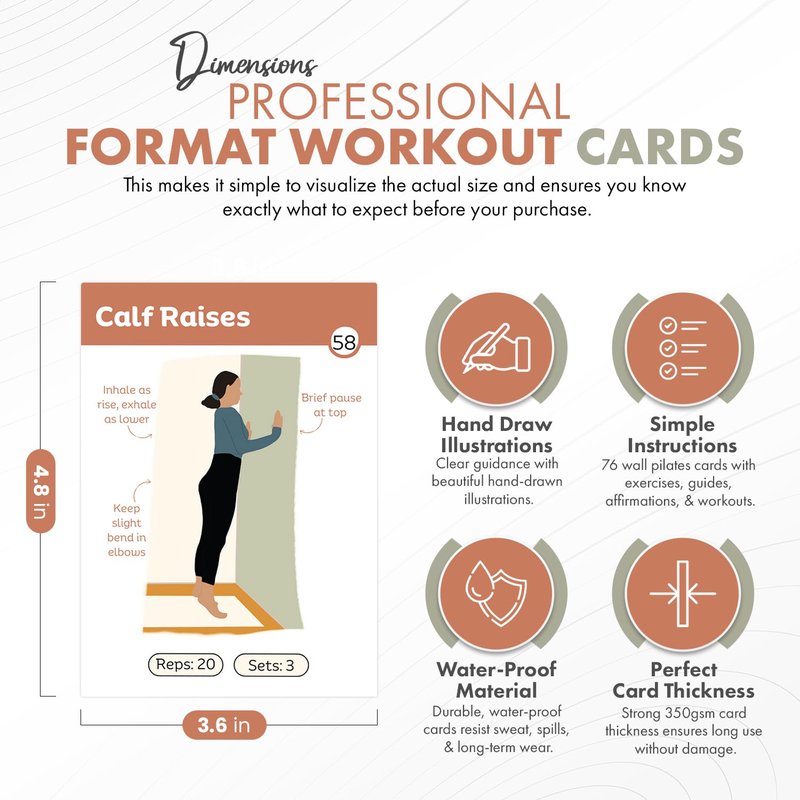 Wall Pilates Workout Cards for Women – 76 Large Hand-Drawn Exercises with Step-by-Step Guides & Mindful Affirmations – Unique Home Pilates Gift Deck