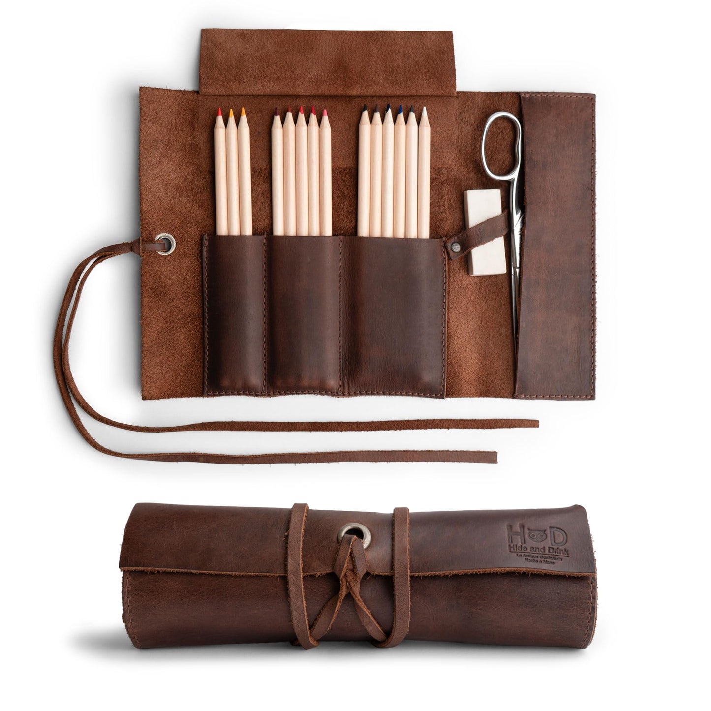 Hide & Drink, Rustic Leather Pencil Roll Pouch, Multi-Purpose Storage Wrap for Scissors, Earphones, Organizer for Craft, Work, Handmade (Bourbon Brown)