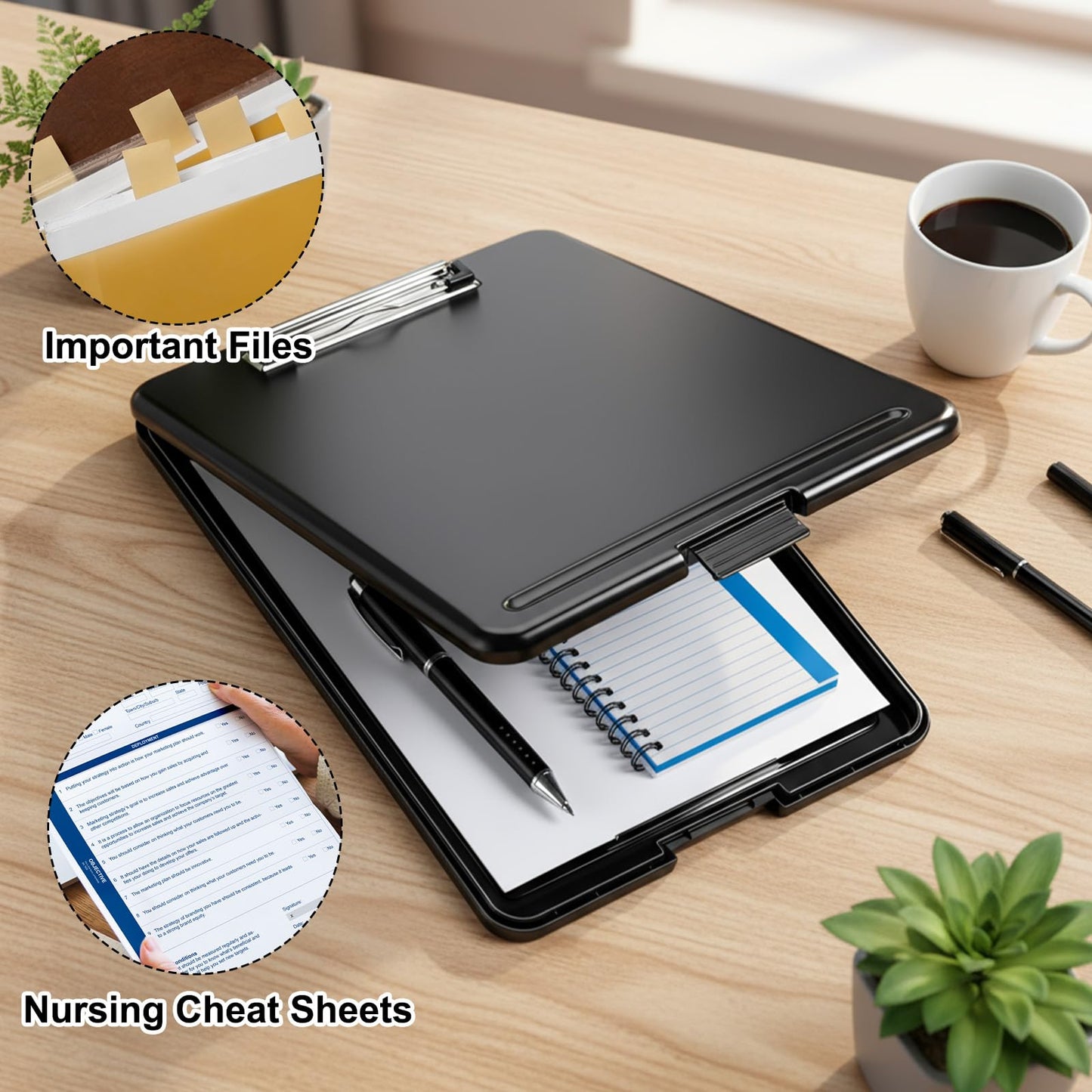 SHENLIU 7 Pcs Clipboard with Storage Bulks, 9.5 x 13.5 Inch Black Plastic Foldable Nursing Clipboard with Low Profile Clip for Home Office Utility Medical Personnel Large Capacity