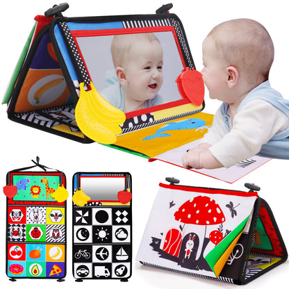 Tummy Time Baby Mirror Infant Toys Newborn 0 3 Months Brain Development with Crinkle Cloth Book Teether Black and White High Contrast Baby Toys 2 4 5 0-6 Month Boys Girls Sensory Activity Shower Gifts