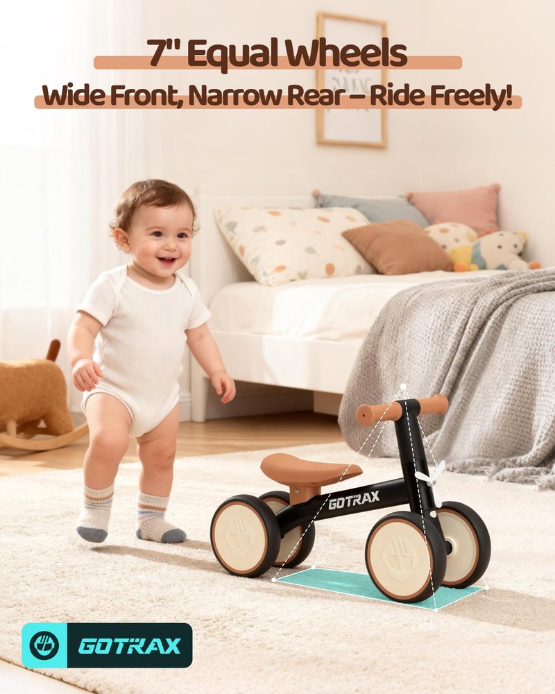 Gotrax Baby Balance Bike 1-2 Years, 7" Front&Rear Silent Wheels, Sturdy Steel Frame 66 lbs Load, Quick 2-Min Assembly, CPC Certified, Comfortable Soft Seat, Toddler Birthday Gift for Boys&Girls Black