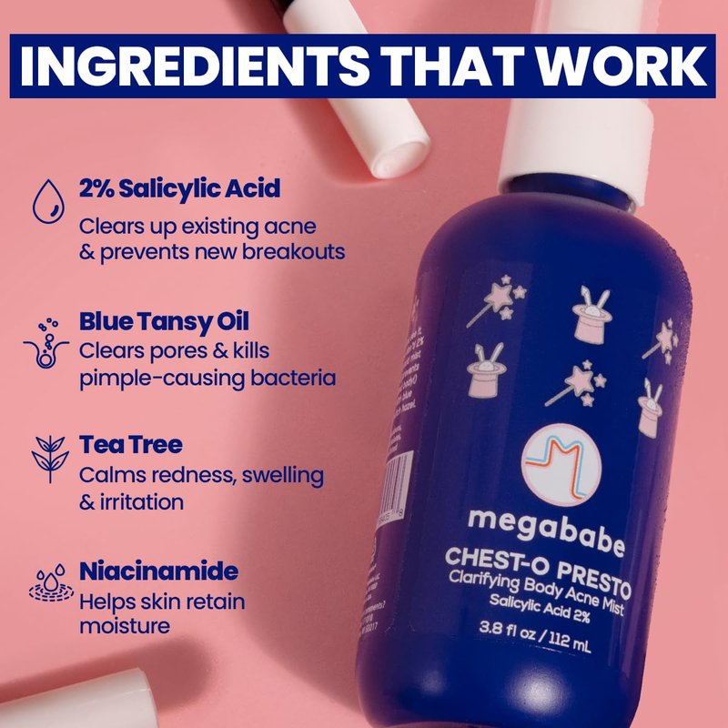 Megababe Chest-o Presto | Clarifying Body Acne Mist | Benzoyl Peroxide Free | 3.8 fl oz