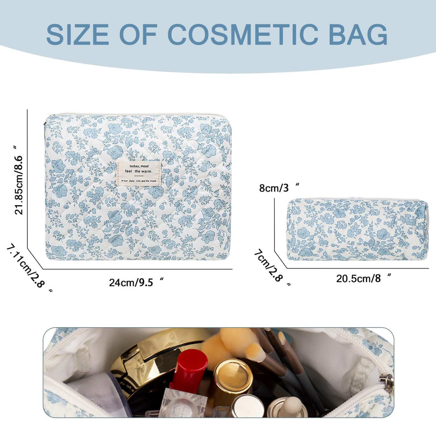 Gosect 2PC Makeup Bag Set, Cute Cosmetic Bag for Women Girls, Floral Coquette Aesthetic Toiletry Bag, Travel Make Up Organizer Bag (Blue Floral)